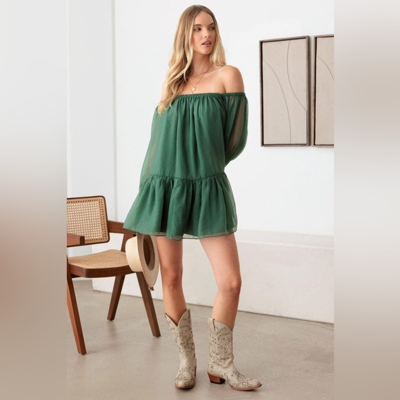 NWT-Organza Long Off Shoulder Wide Sleeve Mini Dress - Picture 5 of 6